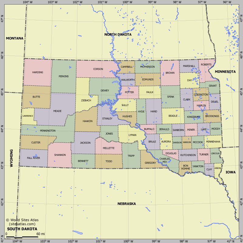 Map of division into districts of South Dakota