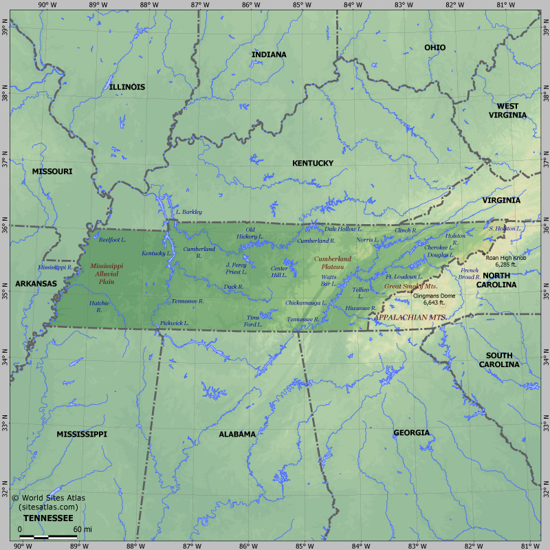 Map of relief of Tennessee