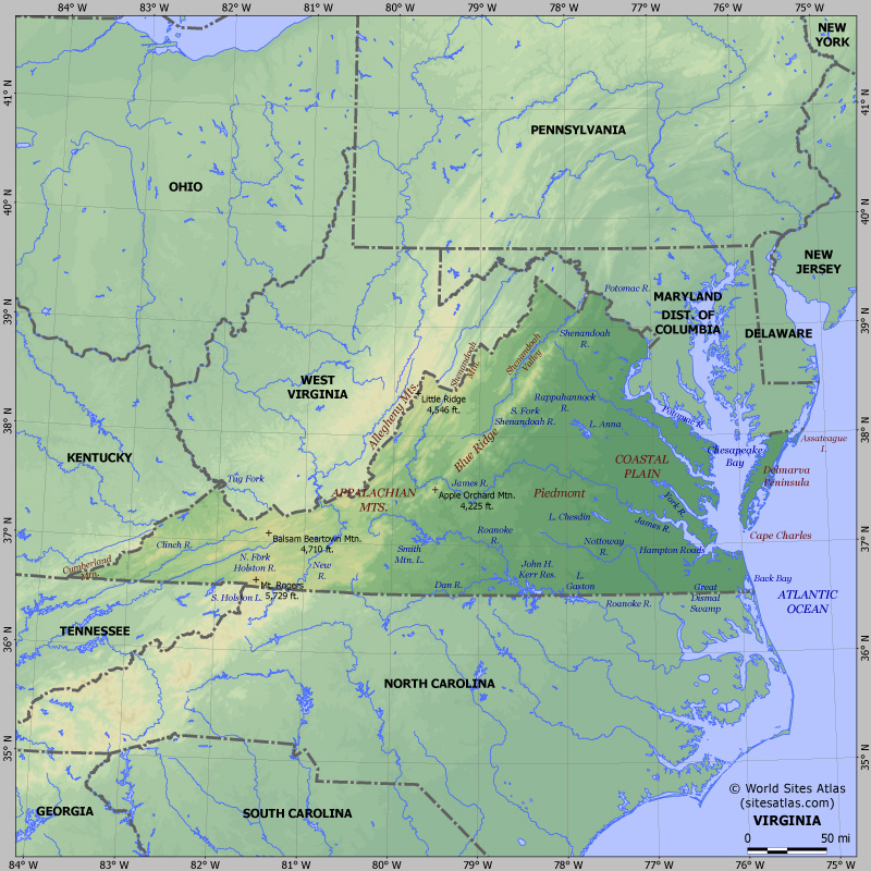 Map of relief of Virginia