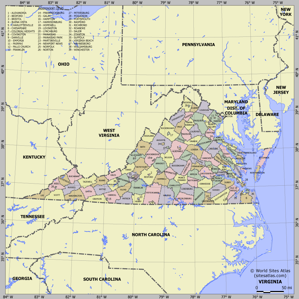 Map of division into districts of Virginia