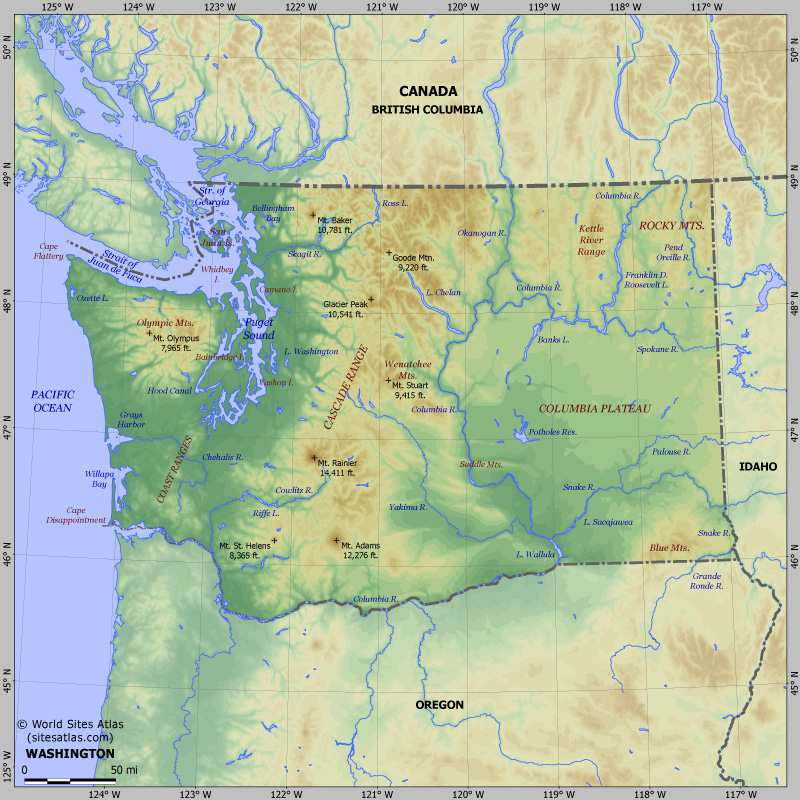 Map of relief of Washington