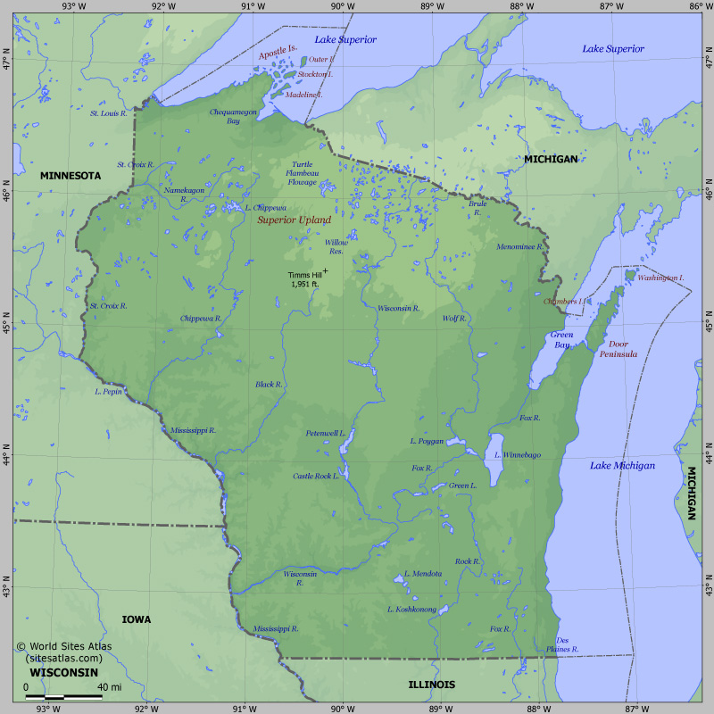 Map of relief of Wisconsin